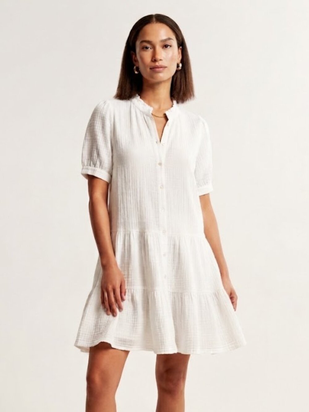 Nordstrom's Elan White Short Sleeve Tiered Button-Front Dress